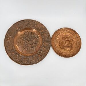 Vintage Copper Wall Plaques Set 2 Embossed Ship Old World Scene Metal Decor